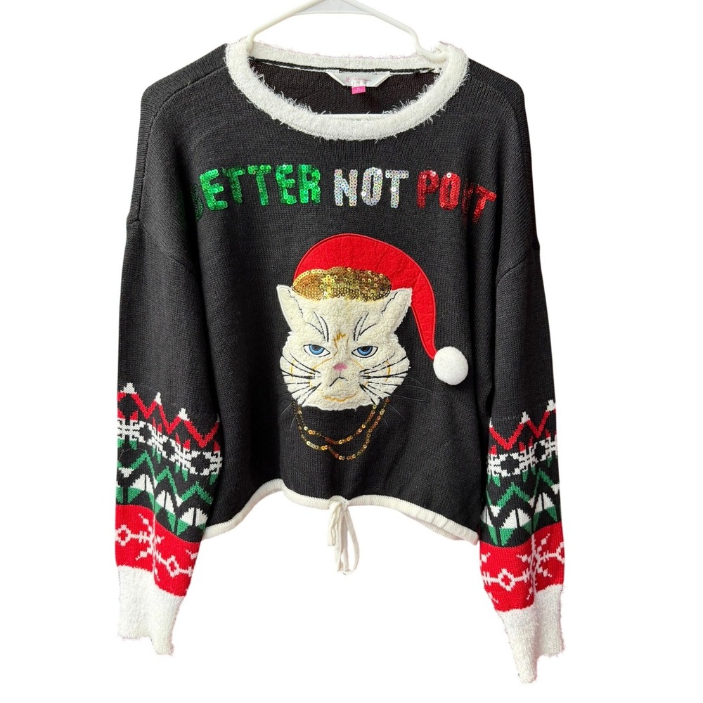 No Boundaries Sweater Juniors XL Black Christmas Grumpy Cat Sequin Cropped